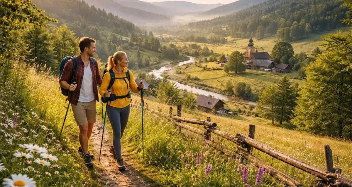 Para wędruje malowniczymi **beskid niskie szlaki**, podziwiając dolinę z rzeką i drewnianą zabudową.