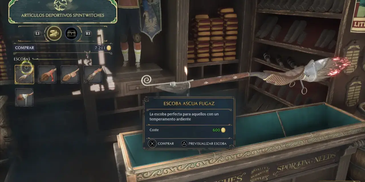 En la tienda de escobas de Hogwarts Legacy, se muestra la "Escoba Ascua Fugaz", ideal para jugadores con temperamento ardiente.