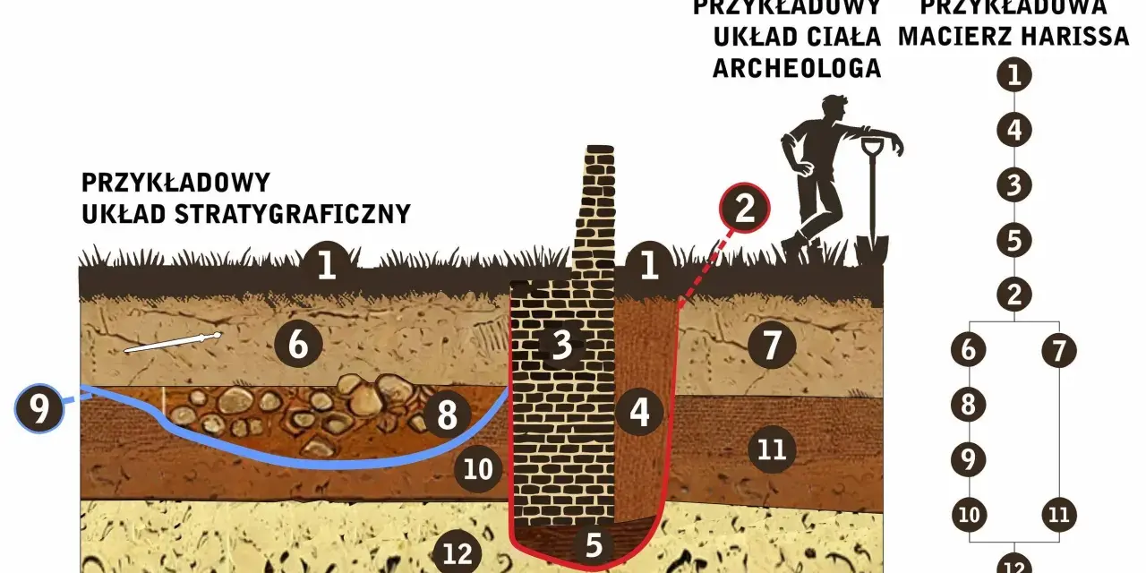 Schemat stanowiska archeologicznego geoportal: przekrój ziemi z warstwami, archeolog i macierz Harissa.