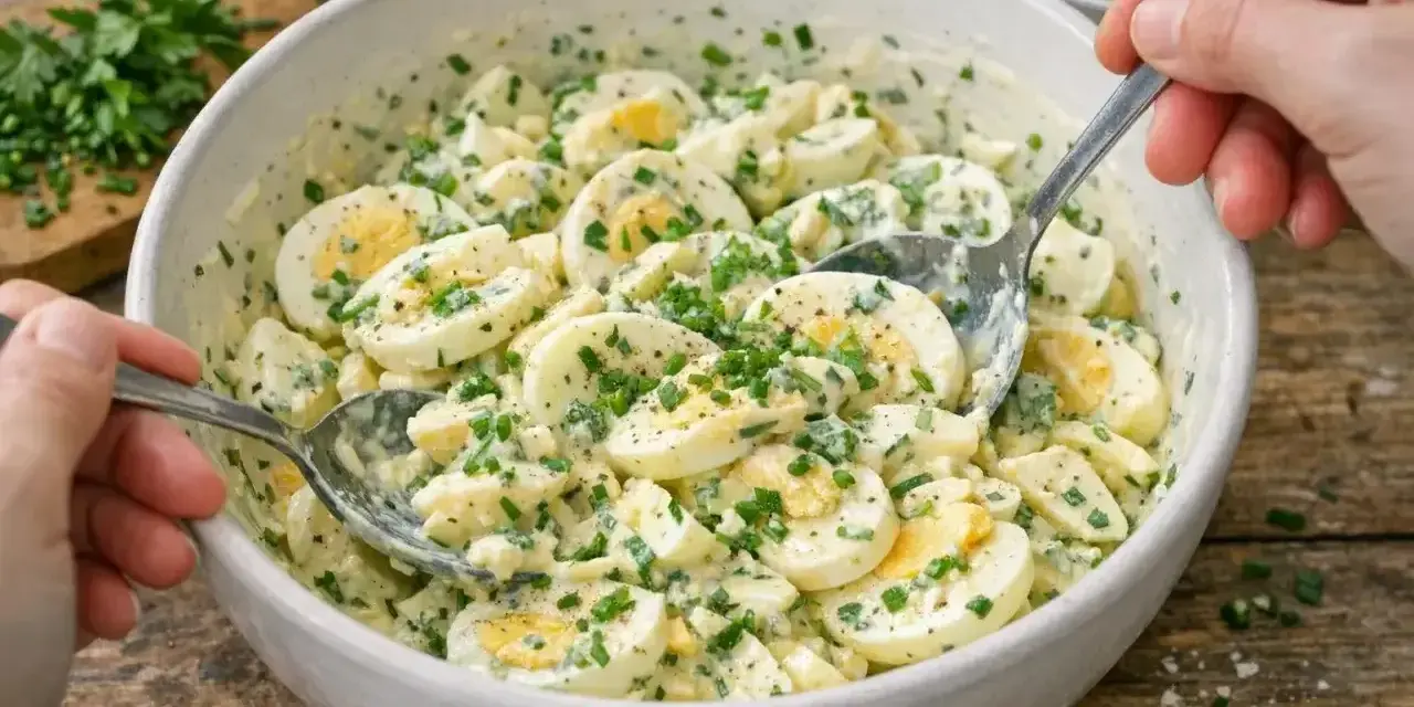 Cremiger Eiersalat mit Schnittlauch, perfekt für ein schnelles eiersalat rezept. Zwei Löffel greifen in die Schüssel.
