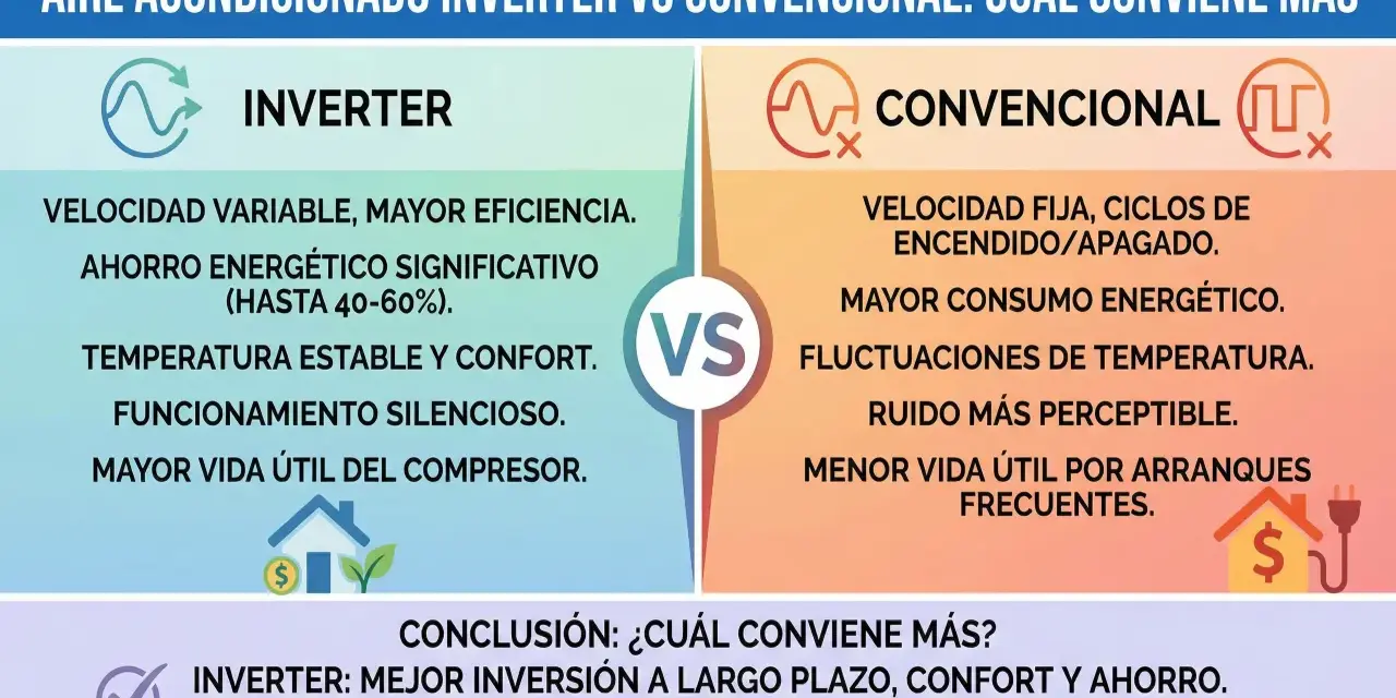 Comparativa de aire acondicionado Inverter vs. Convencional. El Inverter ofrece mayor eficiencia y ahorro, lo que significa que invertir en aire acondicionado Inverter es una mejor opción a largo plazo.