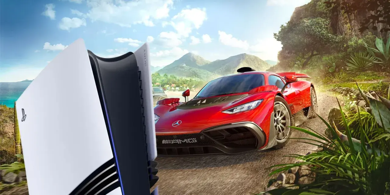 Konsola PS5 obok czerwonego supersamochodu na tle meksykańskiego krajobrazu. Data wydania Forza Horizon 5 już wkrótce!
