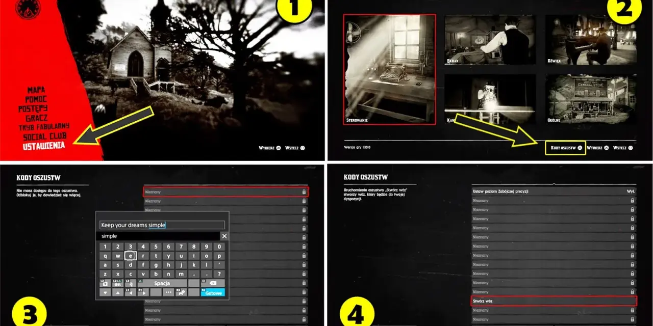 Ekran gry RDR2 z menu kodów oszustw. Wpisujesz "Keep your dreams simple", by odblokować kody do rdr2.