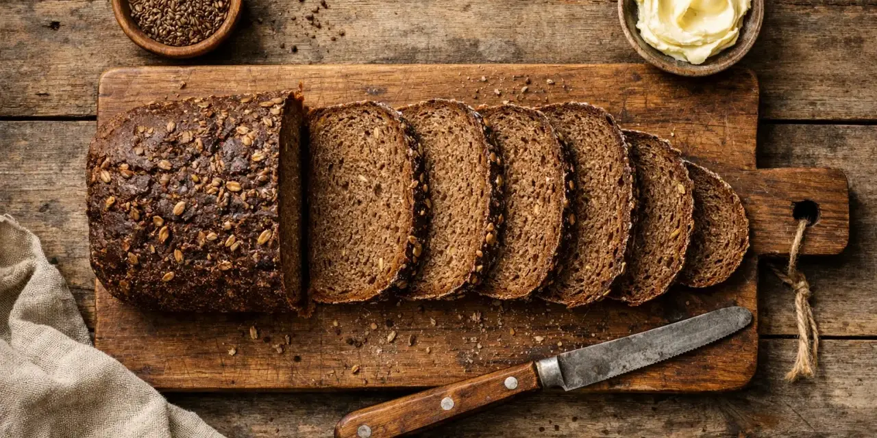 Ein Laib dunkles, kerniges Schwarzbrot, in Scheiben geschnitten, daneben Butter und Kümmelsamen. So sieht ein herzhaftes Schwarzbrot aus.