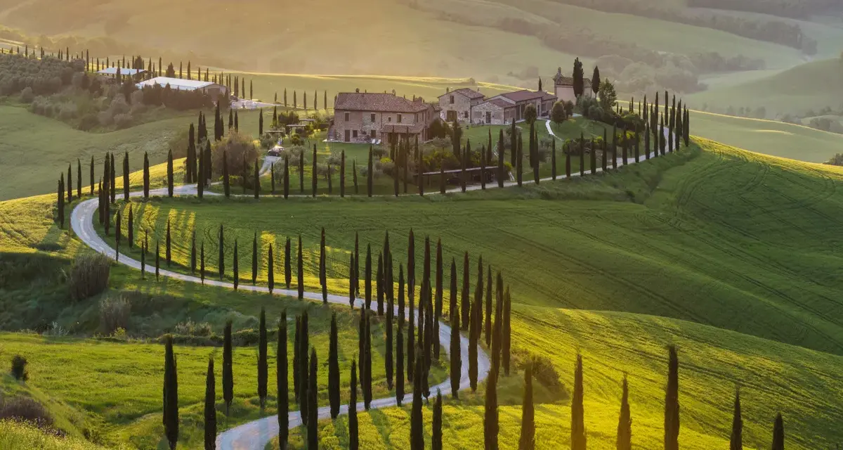 Un suggestivo itinerario Val d'Orcia 3 giorni: cipressi fiancheggiano una strada tortuosa tra dolci colline verdi al tramonto.