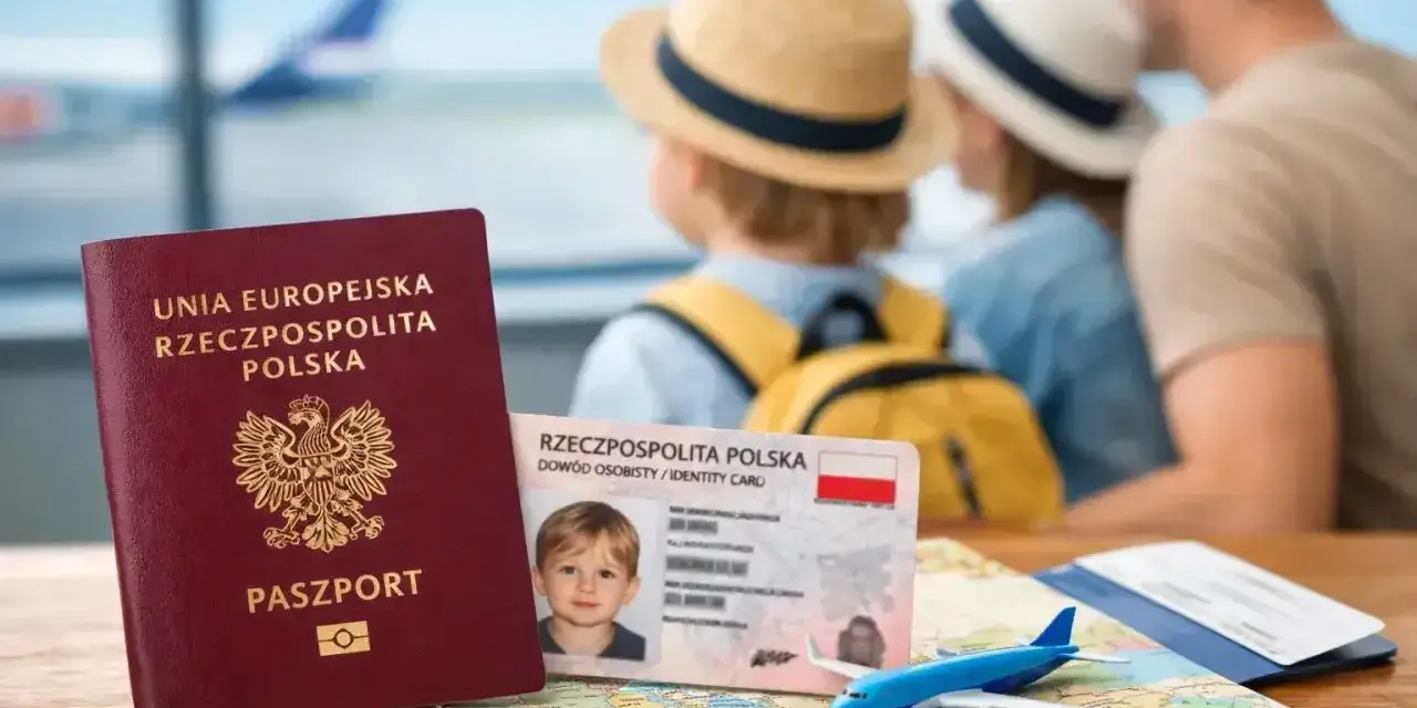 Polski paszport i dowód osobisty (eea national id card co to) na tle rodziny czekającej na samolot.