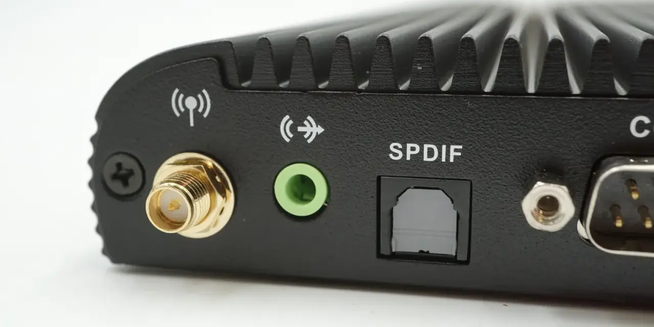 Widok z tyłu urządzenia z portami: wejście spdif, zielone gniazdo audio, złącze antenowe i inne.