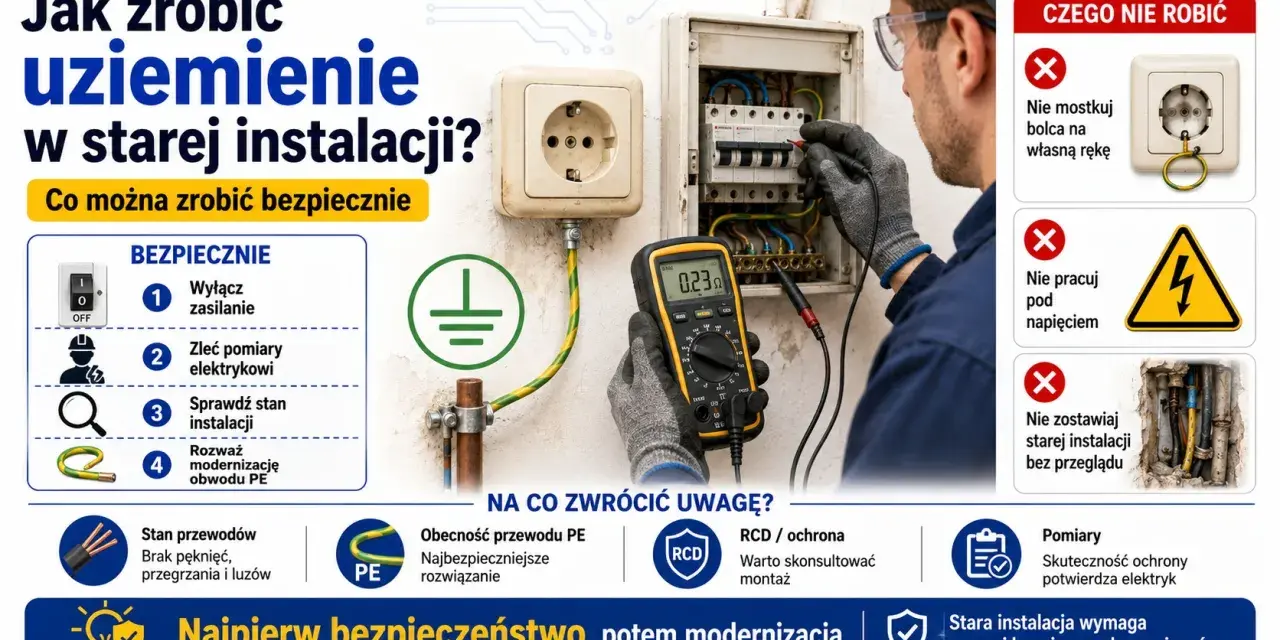 Elektryk sprawdza uziemienie w starej instalacji multimetrem. Poradnik: jak zrobić uziemienie w starej instalacji bezpiecznie.