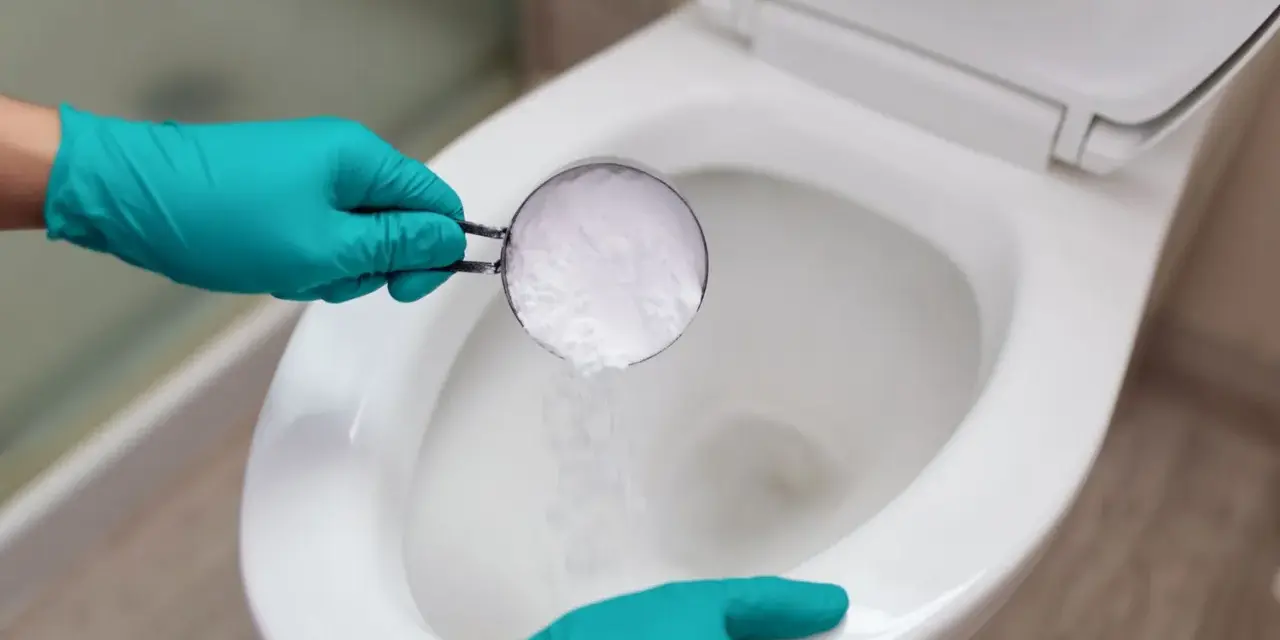 Hands in teal gloves pour baking soda into a toilet bowl, a method for how to unclog toilet without plunger.