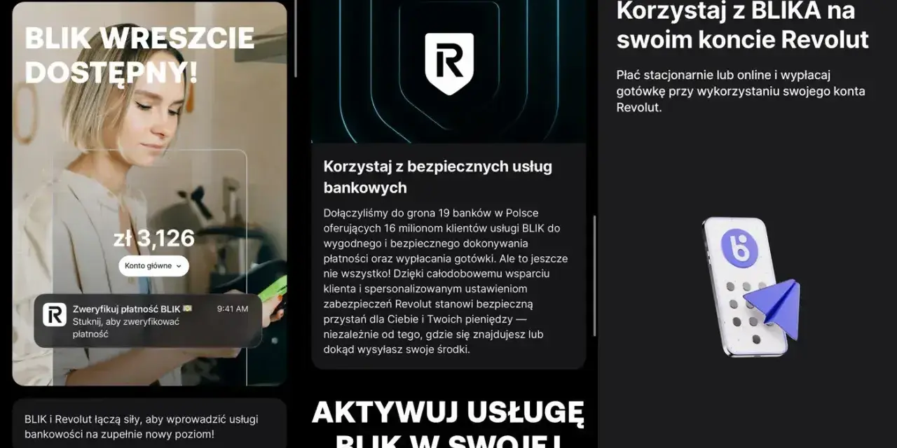 Revolut przelew na telefon z BLIKIEM. Aplikacja pokazuje możliwości płatności i wypłat gotówki.