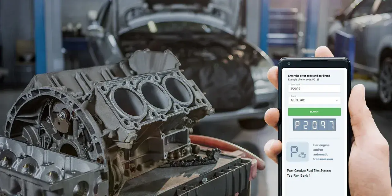 Mechanic uses phone to diagnose P2097 code, showing "Post Catalyst Fuel Trim System Too Rich Bank 1" on screen, with car engine parts in background.