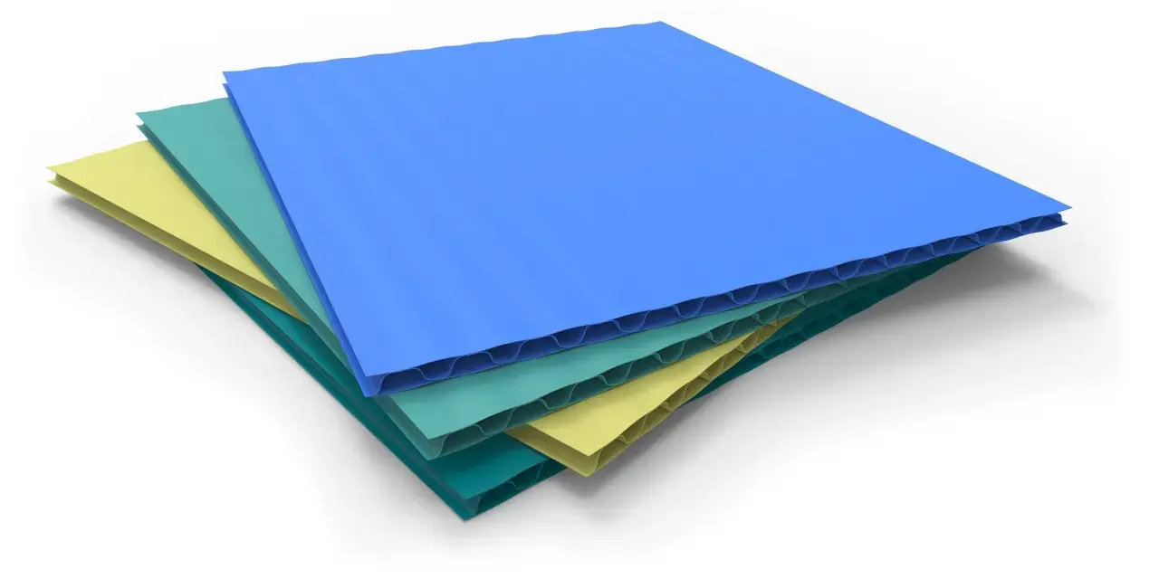 Corrugated plastic sheets in blue, teal, and yellow, offering alternatives to acrylic sheet for various applications.