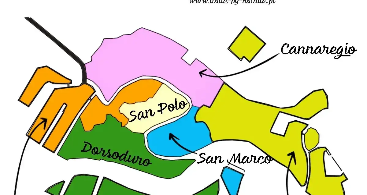 Mapa Wenecji z zaznaczonymi dzielnicami: Cannaregio, Castello, Dorsoduro, San Marco, San Polo, Santa Croce. Idealna do planowania 4-dniowej wycieczki do Wenecji.