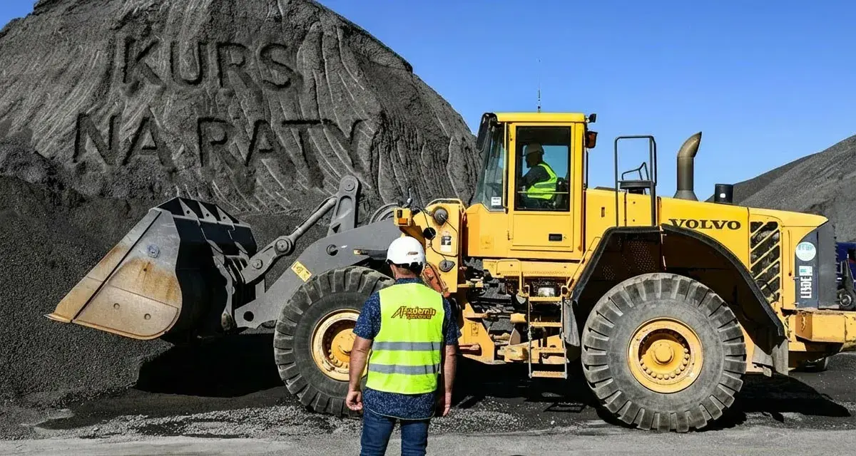 Żółta ładowarka Volvo na placu budowy. Na hałdzie kruszywa wyryto napis "KURS NA RATY". Sprawdź kurs ładowarki klasa 1 cena!