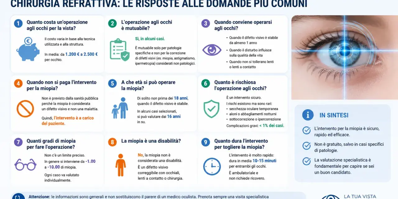 Occhio con raggio laser, focus su miopia degenerativa e chirurgia refrattiva. Informazioni su costi, rischi e benefici.