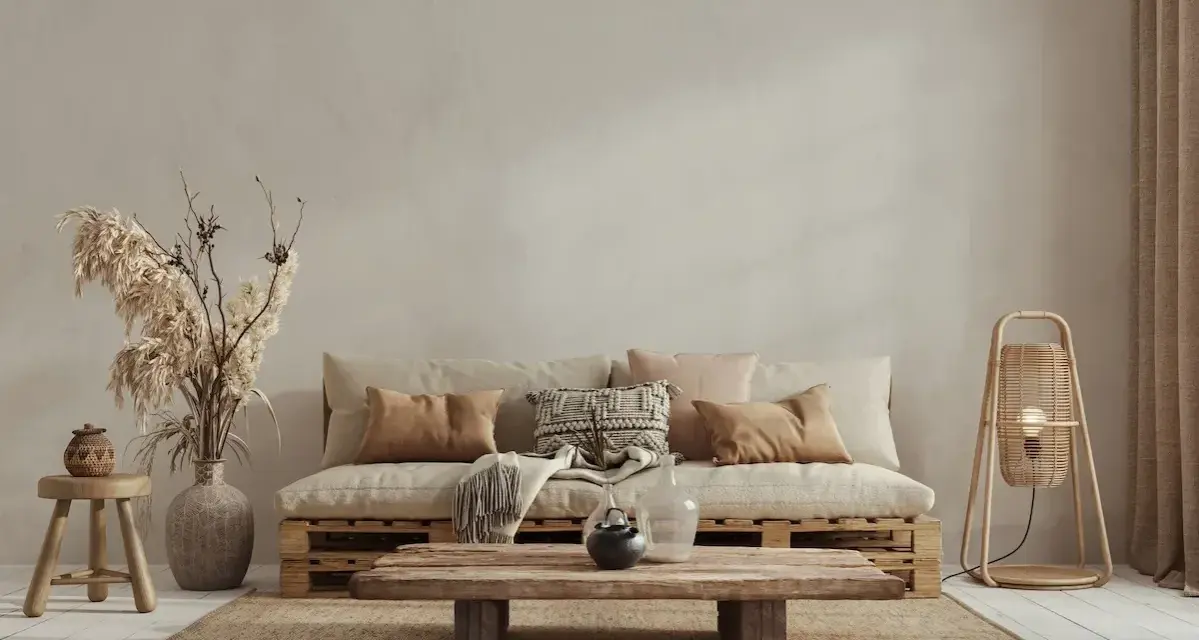 Un divano in pallet e un tavolino grezzo creano un'atmosfera rilassata in stile wabi sabi, con cuscini morbidi e decorazioni naturali.