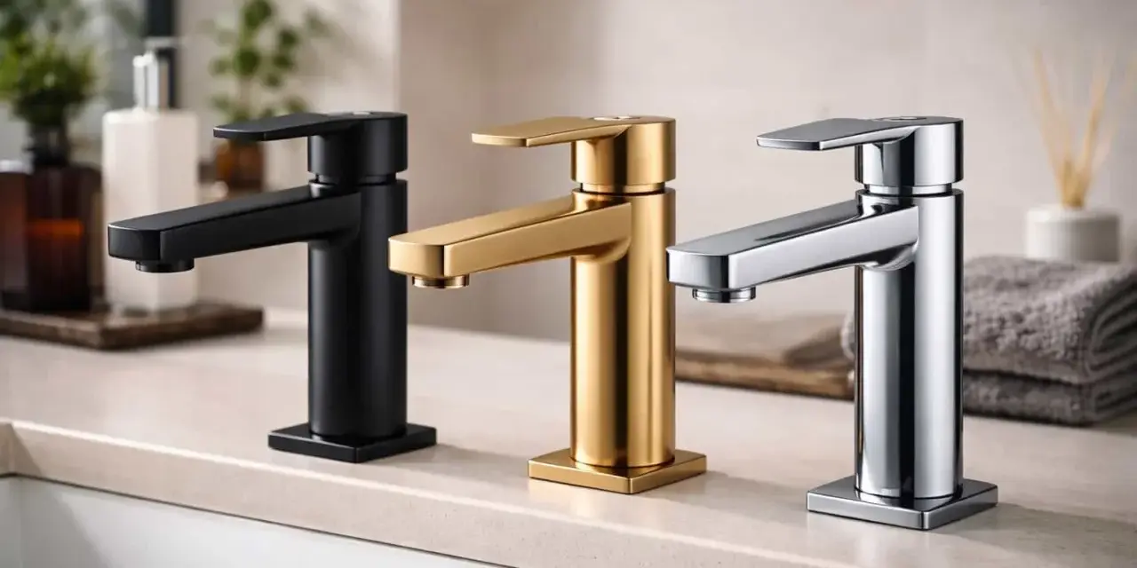 Trois robinets modernes : noir mat, doré et chromé, illustrant la diversité de la couleur robinetterie pour une salle de bain élégante.