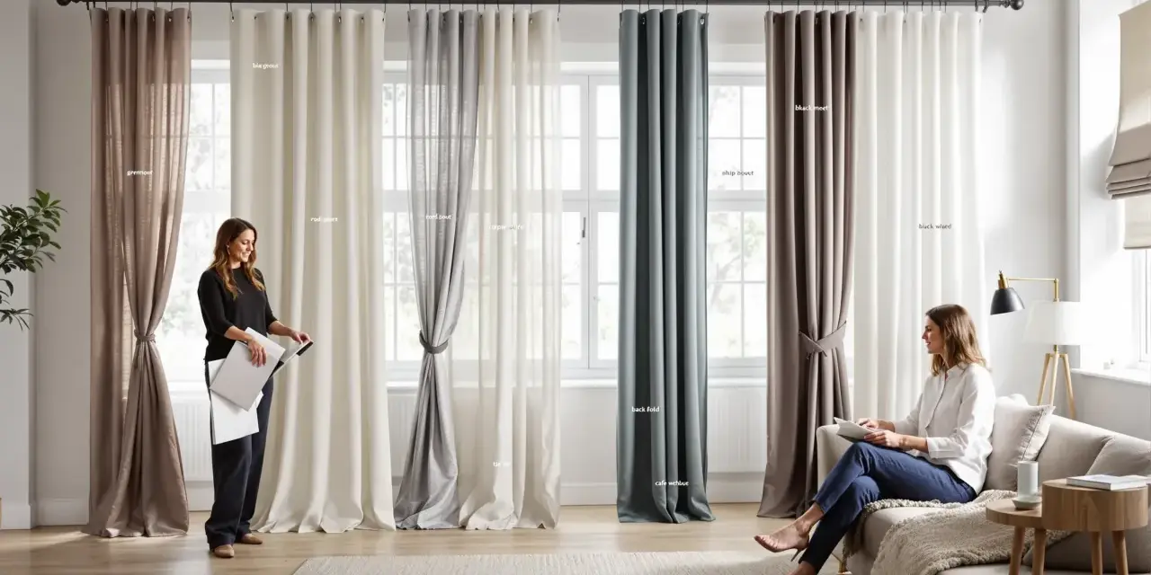 Un aperçu de différents types de rideaux, du lin léger au velours épais, présentés dans un salon lumineux.