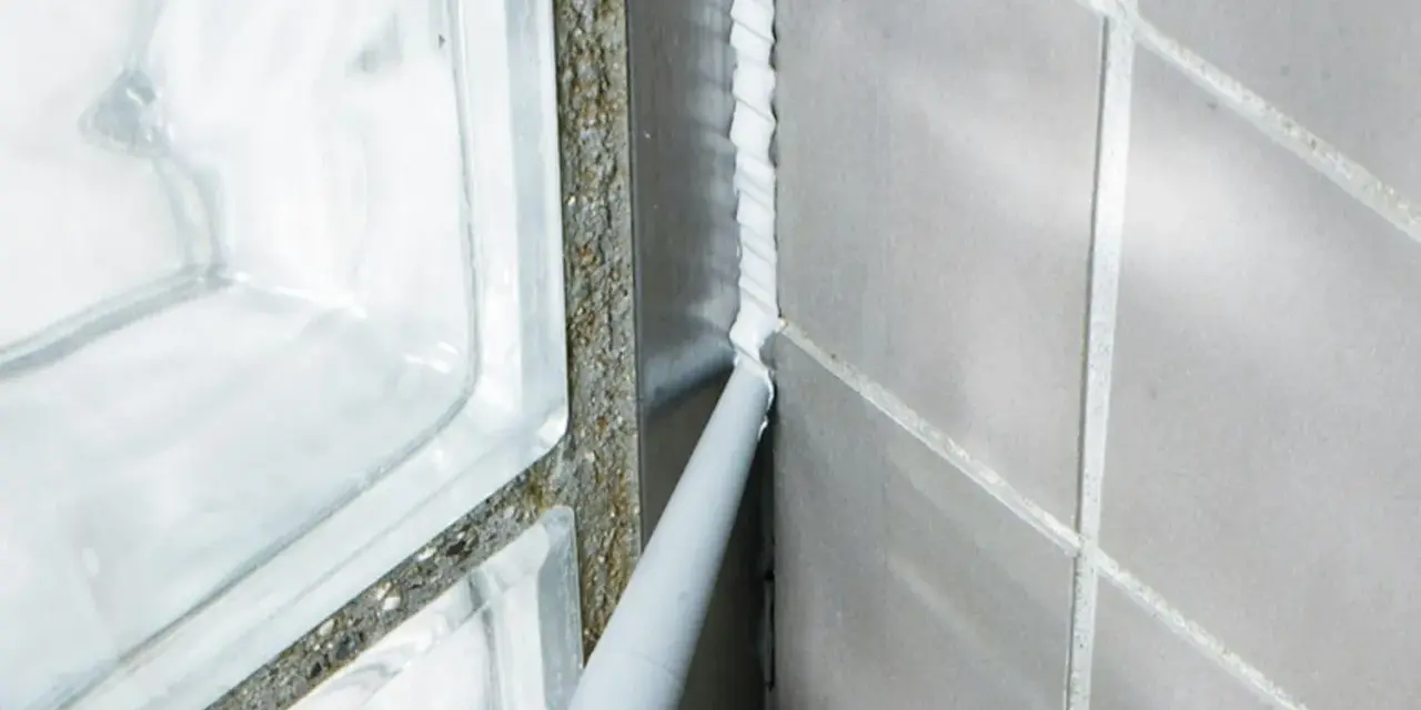 Applicator sprutar ny silikonfog längs en fog i badrummet, bredvid en duschvägg av glasblock.