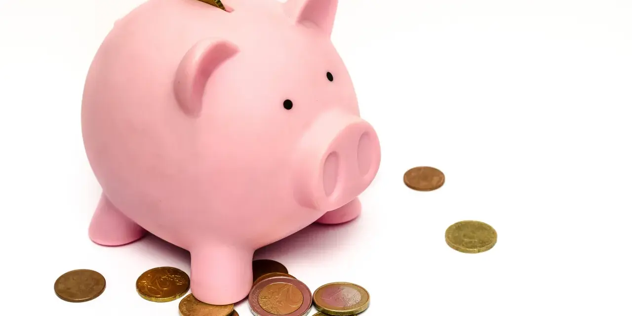 Rosa Sparschwein mit Münzen. Ein kleiner Schatz für den Fall der Fälle, um den unterhalt bei arbeitslosigkeit zu sichern.