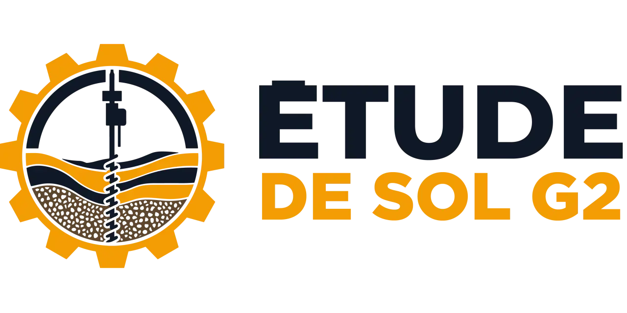 Logo d'une étude de sol G2 : une roue dentée jaune encadre un schéma de forage dans différentes couches de terre.