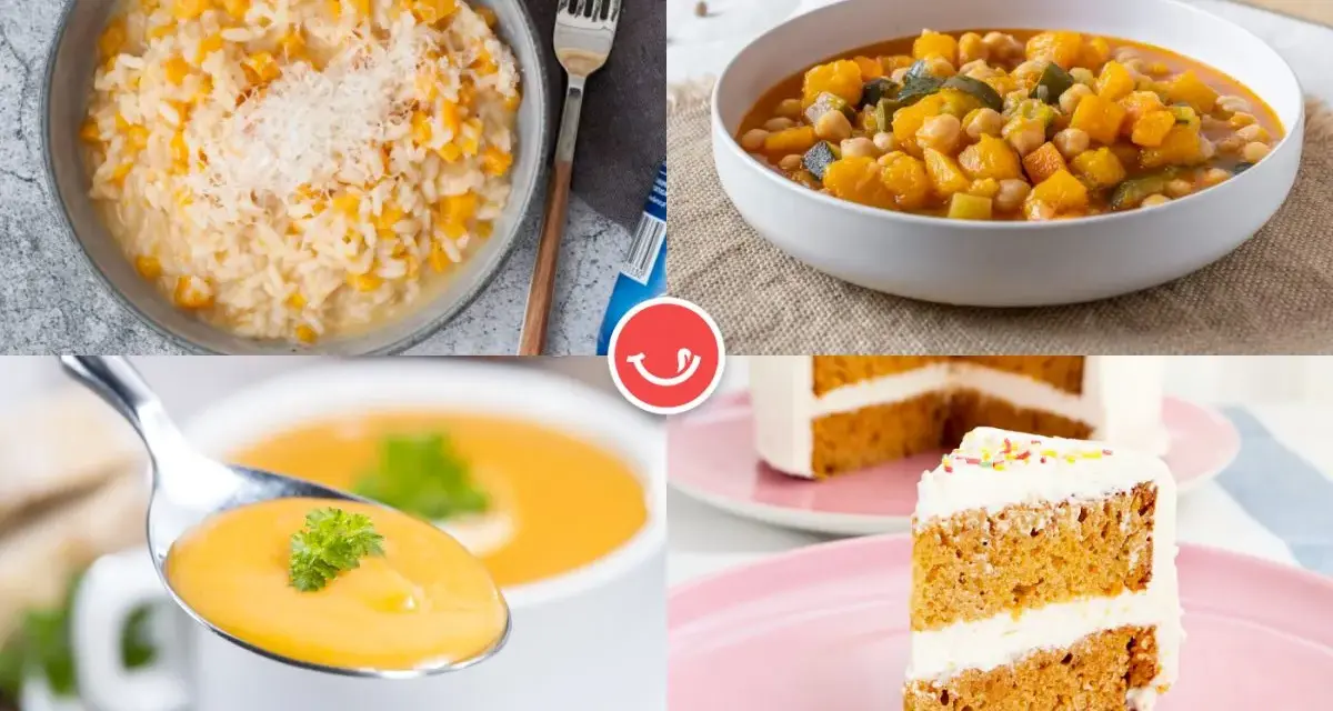 Cuatro deliciosas recetas con calabaza: risotto cremoso, guiso reconfortante, sopa aterciopelada y un pastel esponjoso. ¡Perfectas para cualquier ocasión!