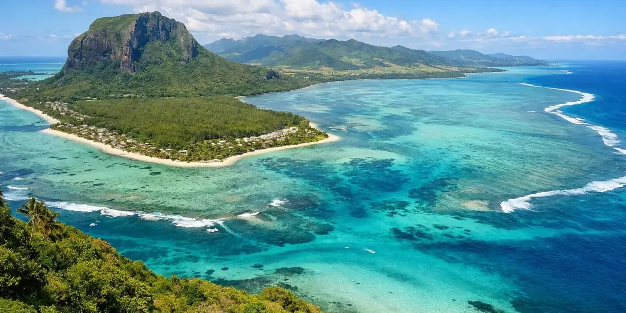 Widok na Le Morne Brabant, Mauritius. Zielone wzgórza, turkusowa laguna i białe fale – to wszystko, co musisz zobaczyć na Mauritiusie.
