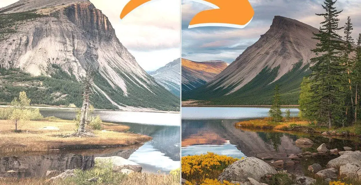 Avant/après d'un paysage de montagne et lac. Idéal pour apprendre à faire des photos et sublimer vos clichés.