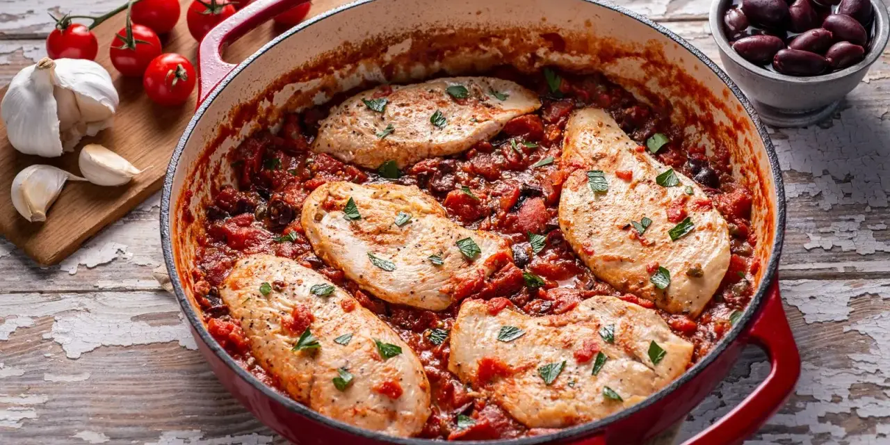 Succulento pollo alla pizzaiola in padella, con pomodoro, olive e capperi, guarnito con prezzemolo fresco.