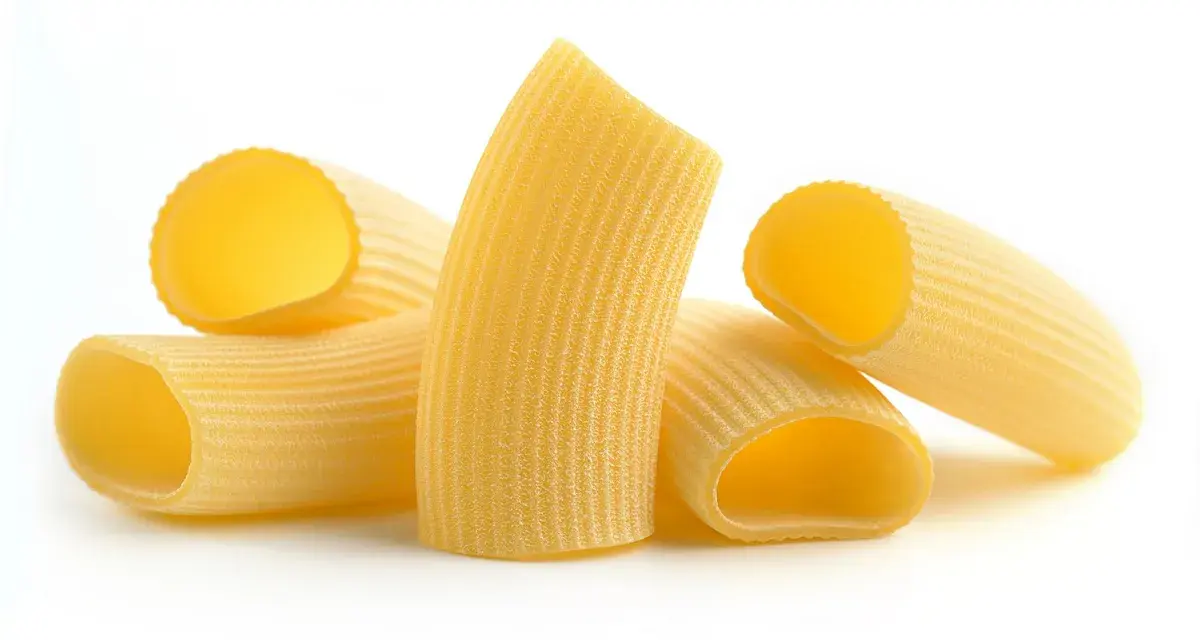 Kilka kawałków makaronu rigatoni, z charakterystycznymi rowkami, gotowych do sosu.