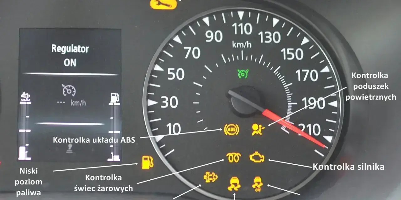 Nietypowe kontrolki w samochodzie: serwis, poduszki powietrzne, silnik, ABS, niski poziom paliwa, świece żarowe, system przeciwpoślizgowy.