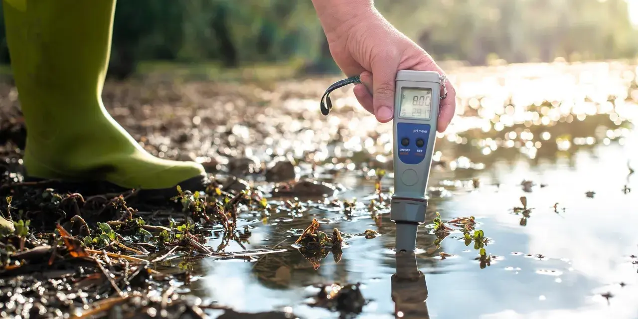 Persona con bota verde mide la calidad del agua con un medidor de pH en un entorno natural.