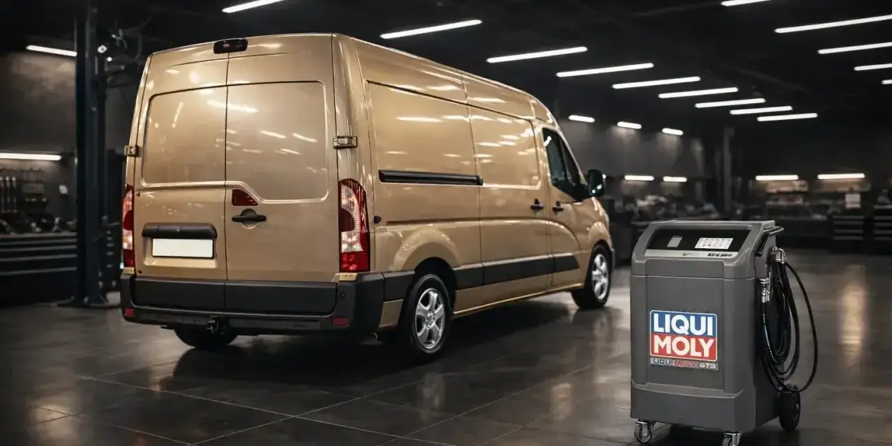 Złoty van w warsztacie obok urządzenia Liqui Moly do wymiany oleju. Idealny do serwisu Master 2.3 ile oleju.
