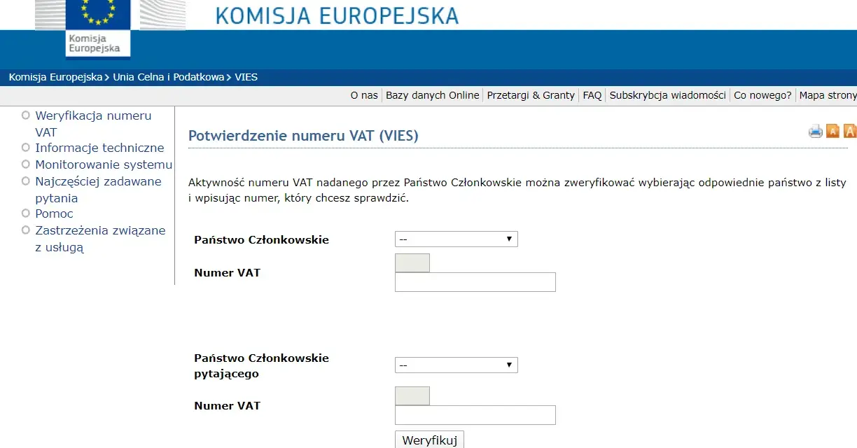 Formularz do weryfikacji numeru VAT firmy. Wybierz państwo i wpisz numer VAT, aby sprawdzić jego ważność.
