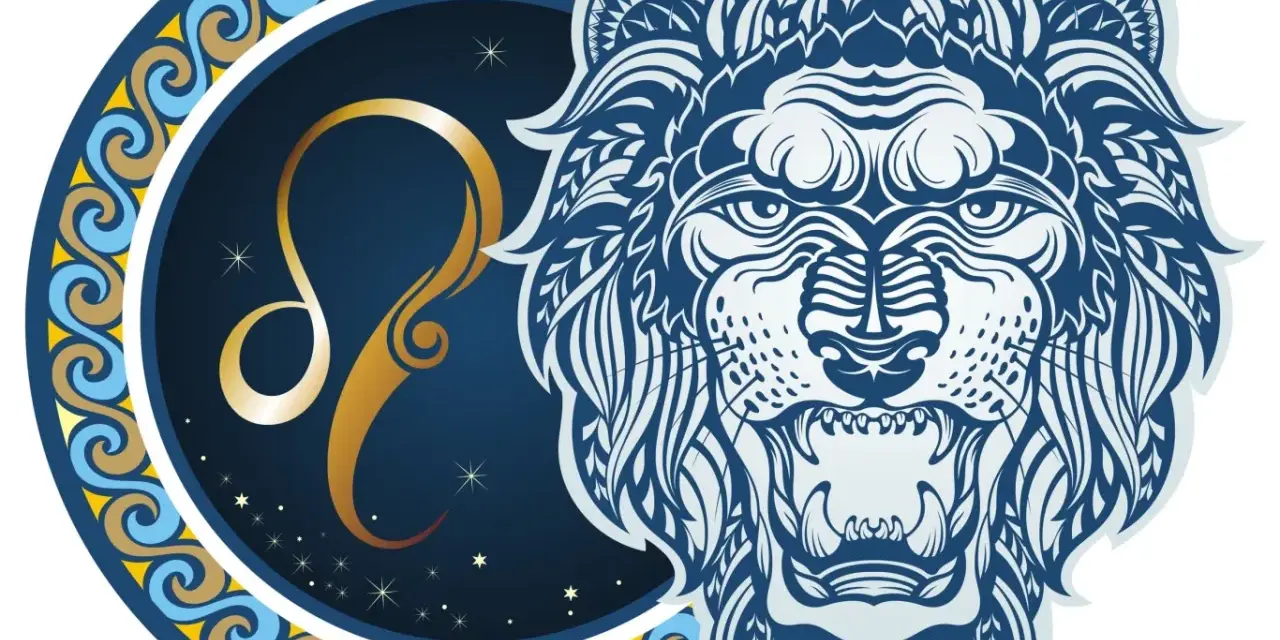 Lew i Rak: dopasowanie znaków zodiaku. Stylizowany lew obok symbolu Lwa.
