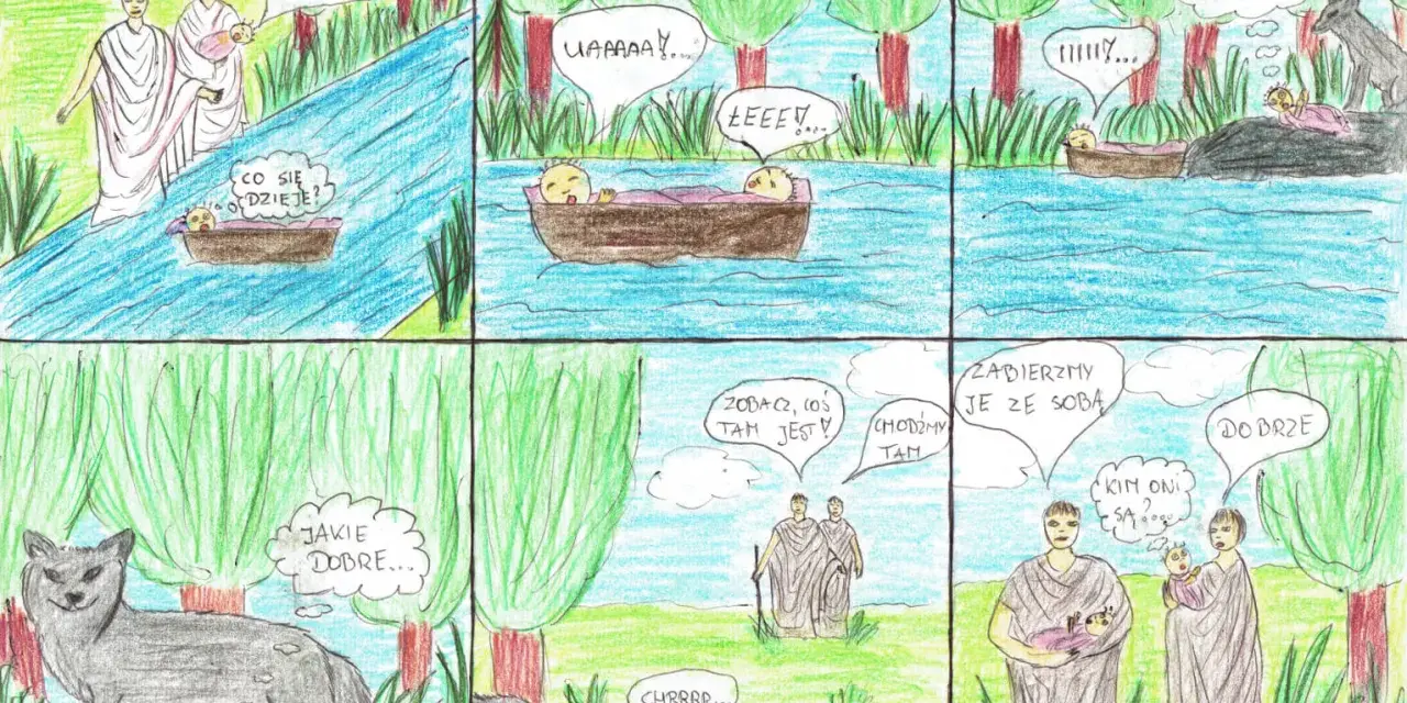 Krótki komiks dla dzieci: porzuceni bracia, wilczyca i dwaj pasterze, którzy ich ratują.
