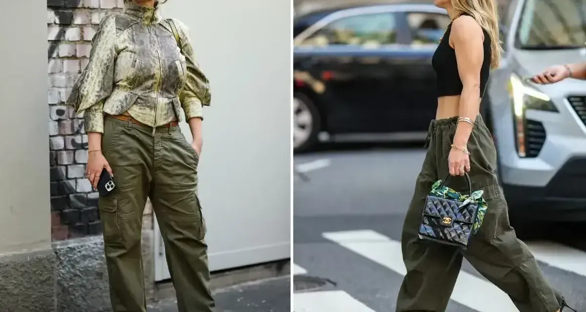 Dwie kobiety w spodniach cargo w kolorze khaki. Jedna w bluzce z wzorem, druga w krótkim czarnym topie.
