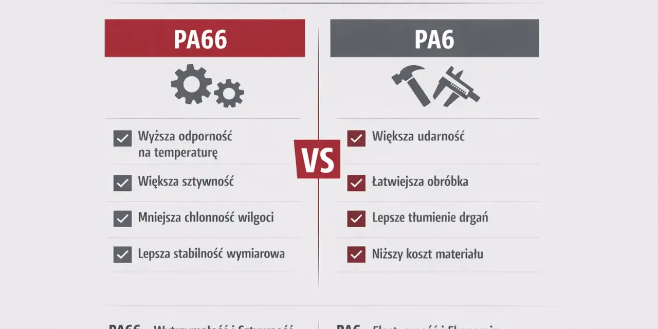 Porównanie PA66 i PA6: grilon PA66 ma wyższą odporność na temperaturę i sztywność, PA6 większą udarność i niższy koszt.
