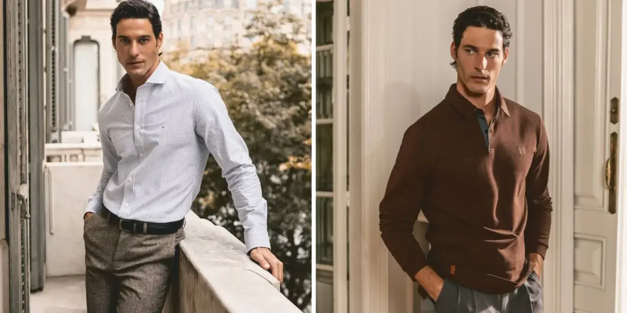 Modello con fisico a triangolo invertito indossa camicia a righe e polo marrone, pantaloni eleganti.