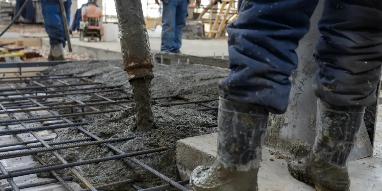 Beton wylewany na zbrojenie. Pracownicy w gumowcach nadzorują proces, który decyduje, ile kosztują fundamenty.