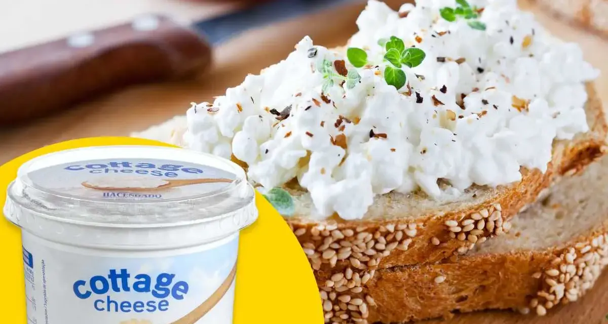 Tostada con queso cottage fresco y hierbas, ideal para recetas saludables. Un envase de queso cottage Hacendado a un lado.