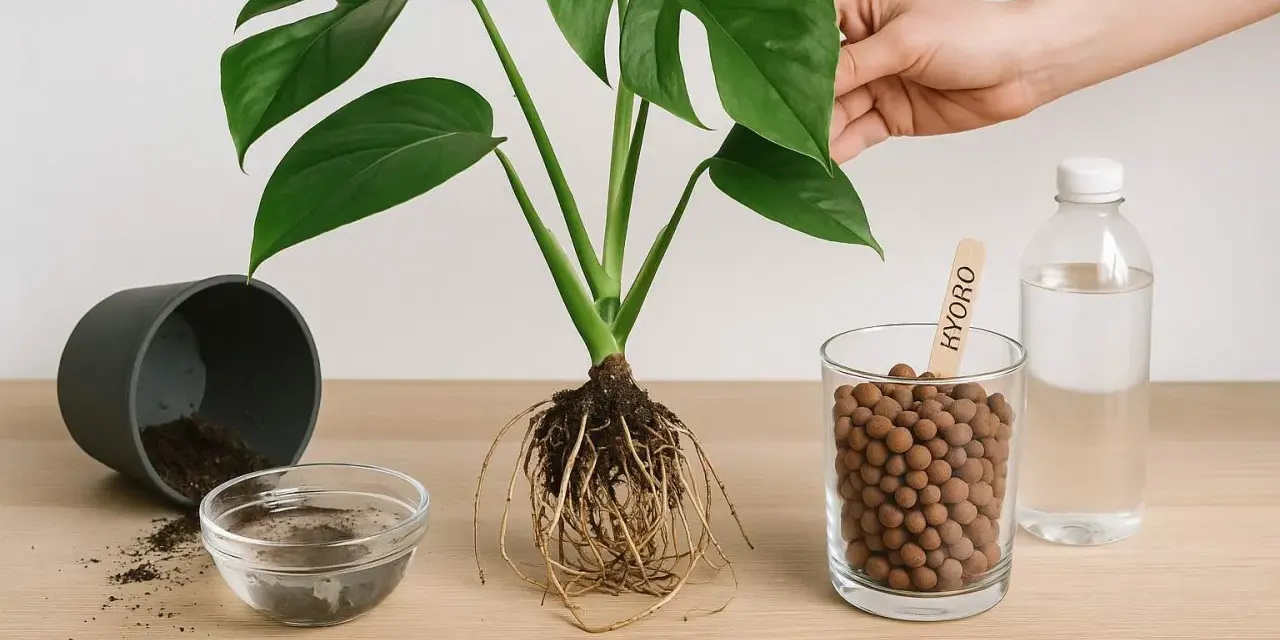 Monstera umtopfen: Pflanze mit Wurzeln, leeren Topf, Erde, Wasser und Blähton.