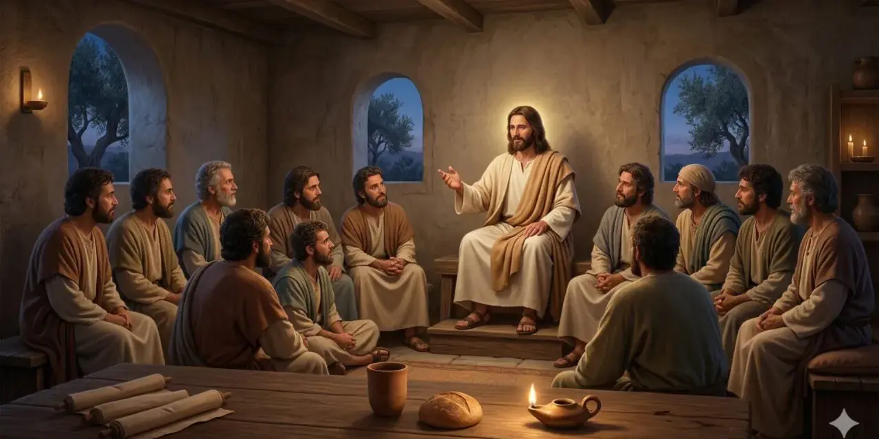 Jesus spricht zu seinen Jüngern, wie in Johannes 14, 27 beschrieben: "Frieden lasse ich euch, meinen Frieden gebe ich euch.