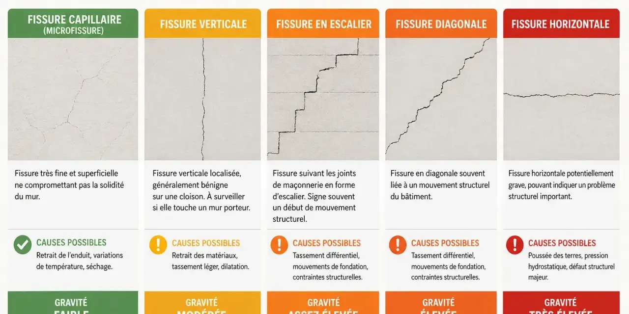 Guide des fissures sur les murs : microfissure, verticale, escalier, diagonale, horizontale. Aide à évaluer le budget rénovation maison.