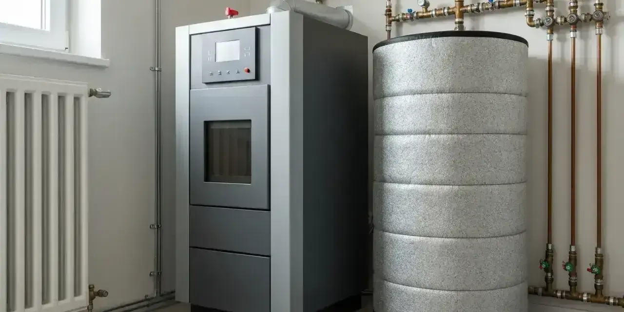 Nowoczesny piec na pellet obok zasobnika, który działa jak bufor ciepła, gromadząc energię do ogrzewania domu.