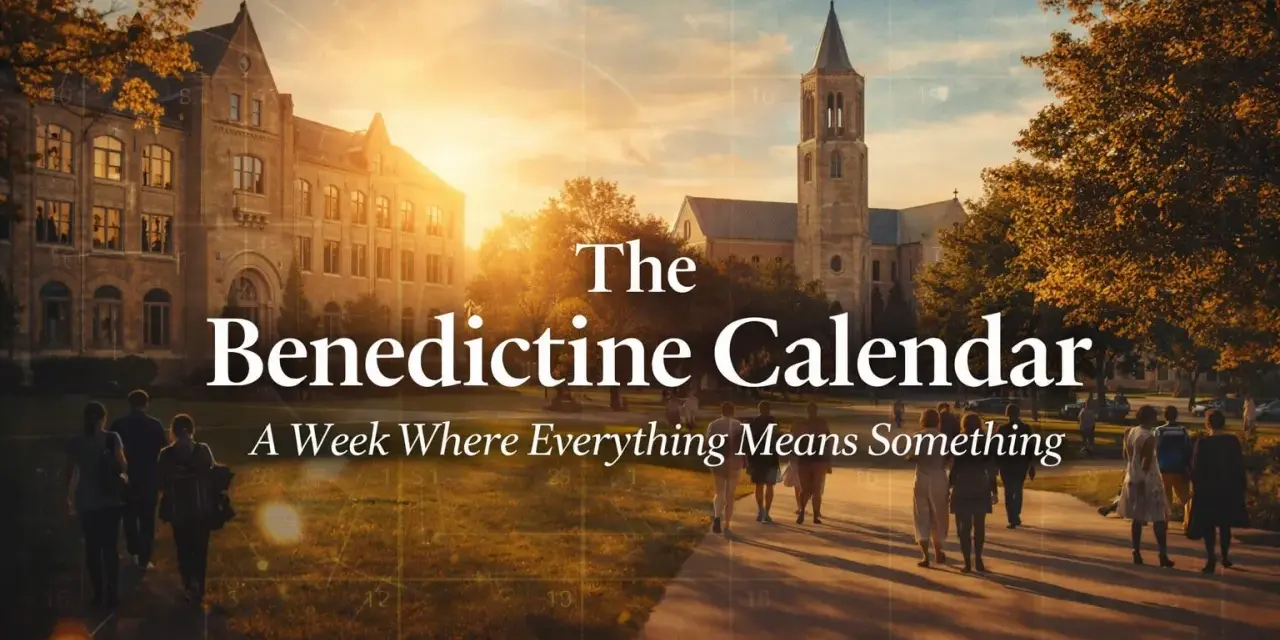 The Benedictine Calendar: A week where everything means something. A college campus at sunset with students walking.