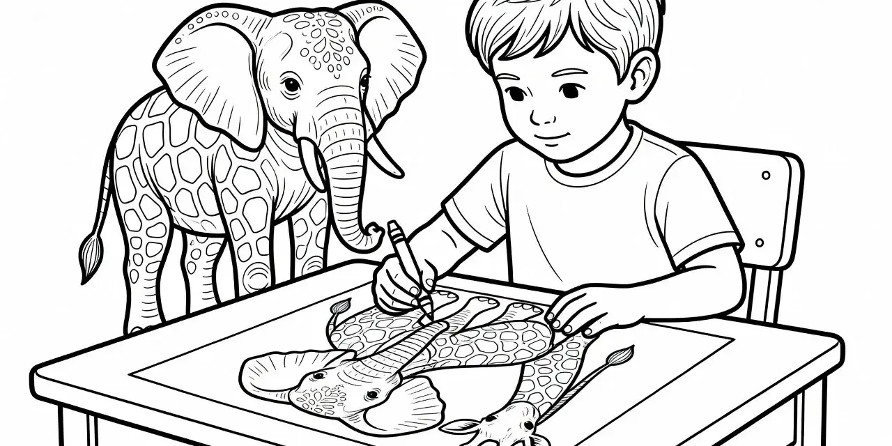 Un garçon apprend comment colorier un éléphant et une girafe sur une feuille.