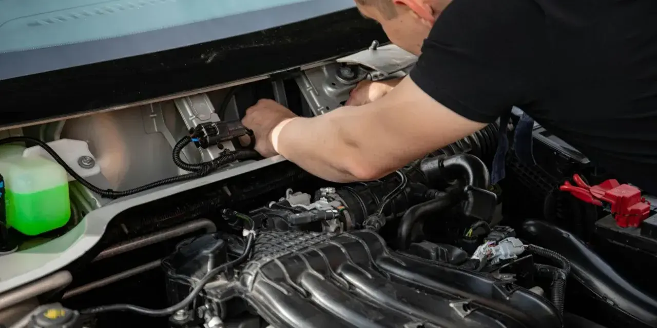 Mechanik naprawia silnik, prawdopodobnie usuwając uciążliwy błąd P0011. Widać zbiornik płynu i elementy silnika.