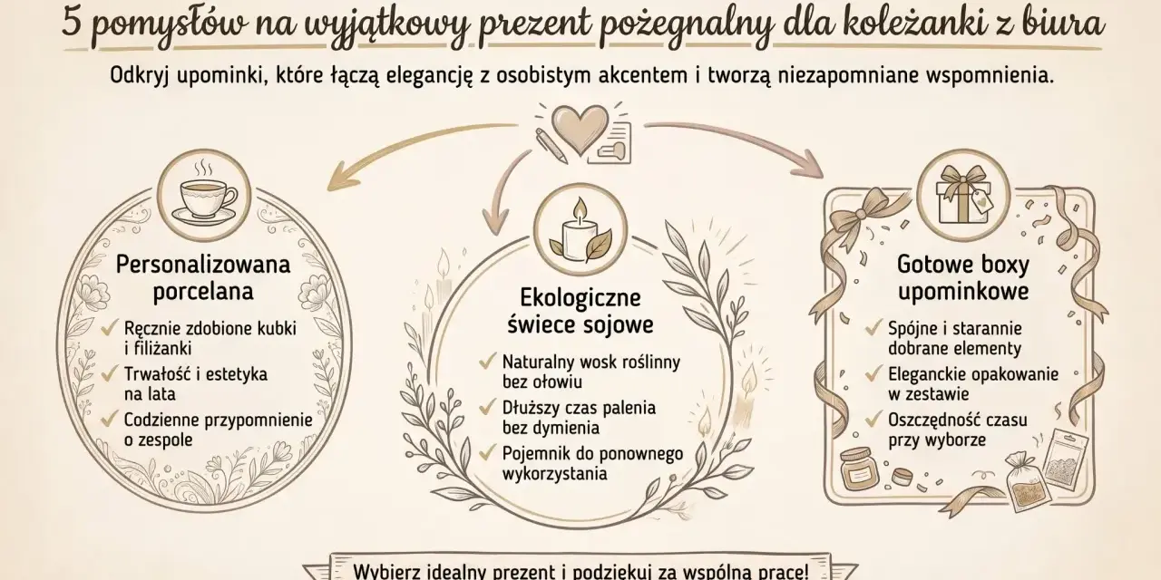 Pomysły na wyjątkowy upominek dla koleżanki z pracy: personalizowana porcelana, ekologiczne świece sojowe i gotowe boxy upominkowe.