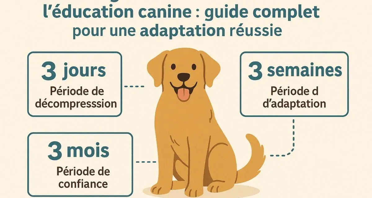 Un gros chien doré, souriant, est au centre d'une illustration expliquant la règle du 3/3/3 pour l'éducation canine : 3 jours de décompression, 3 semaines d'adaptation, 3 mois de confiance.